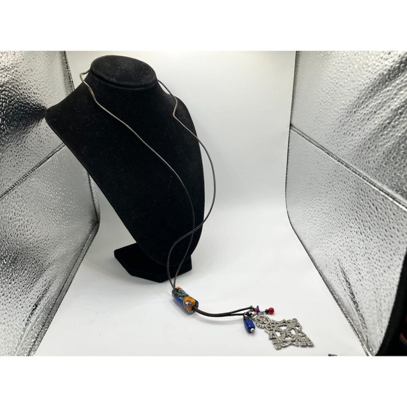 Artisan Aztec Style Metal Pendant Dangles Bolo Tie Tube on a Leather Cord! - Picture 4 of 11